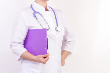 Doctor in white robe with stethoscope, with folder in hand, on white isolated background.