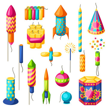 Set of colorful fireworks. Different types of pyrotechnics, salutes and firecrackers