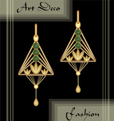 Luxury art deco filigree earrings, jewel with green emerald , antique elegant gold jewelry, fashion in victorian style