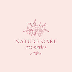 Nature Care Cosmetics Abstract Vector Sign, Symbol or Logo Template. Hand Drawn Retro Lilly Illustration with Classy Typography. Premium Quality Feminine Emblem.