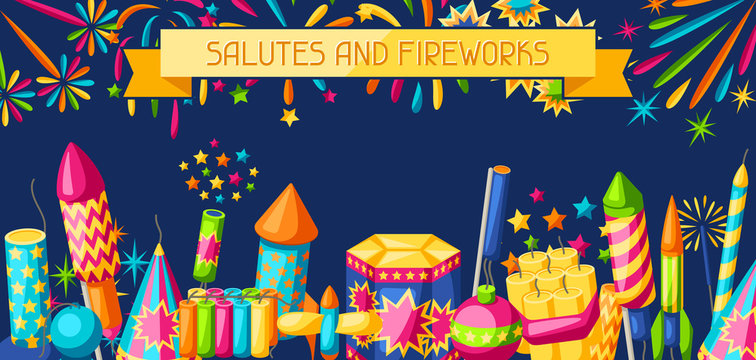 Banner with colorful fireworks. Different types of pyrotechnics, salutes and firecrackers