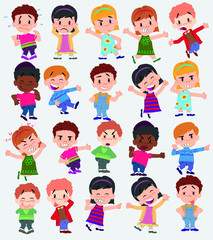 Cartoon character boys and girls. Set with different postures, attitudes and poses, doing different activities. Vector illustrations.