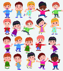 Cartoon character boys and girls. Set with different postures, attitudes and poses, doing different activities. Vector illustrations.