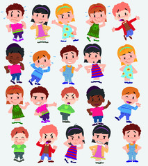 Cartoon character boys and girls. Set with different postures, attitudes and poses, doing different activities. Vector illustrations.