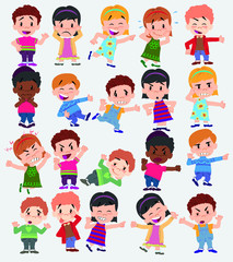 Cartoon character boys and girls. Set with different postures, attitudes and poses, doing different activities. Vector illustrations.