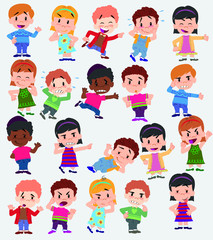 Cartoon character boys and girls. Set with different postures, attitudes and poses, doing different activities. Vector illustrations.