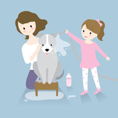 Cartoon cute mother and daughter help to bath gray dog vector.