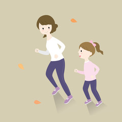 Cartoon cute mother and daughter  jogging together vector.