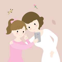 Cartoon cute mother and daughter are selfie with Mobile Camera vector.