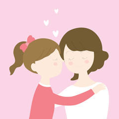 Cartoon cute daughter kissing her mother with love vector.
