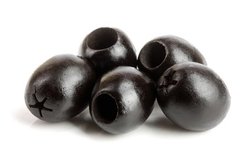 whole black olives isolated on white background macro