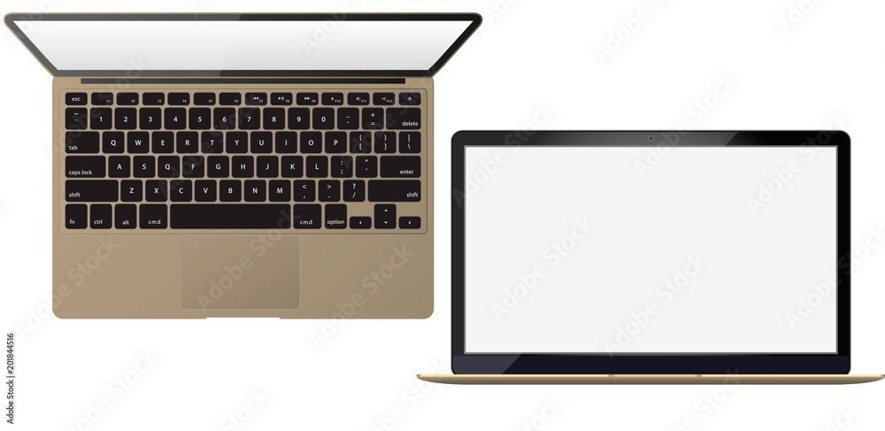Aufkleber Vector Realistic gold laptop front and top view set .with transparent shadow Open laptop with blank screen isolated on background - vector illustration.