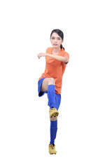 Professional asian soccer player woman kick the ball