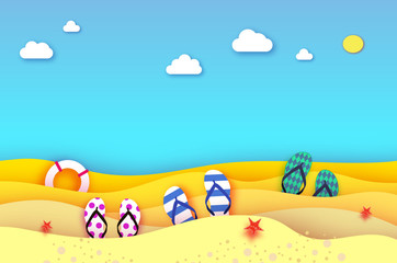 Flipflops shoe in paper cut style. Origami sea and beach with lifebuoy. Sport ball game. Vacation and travel concept.