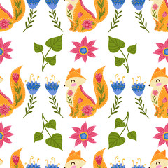 Seamless pattern colorful illustration with beautiful flowers and fox. Scandinavian style. Folk art.