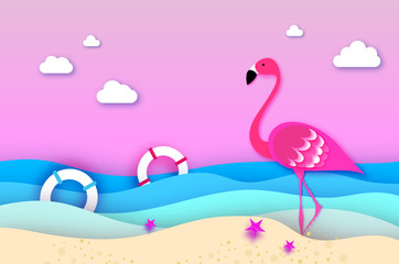 Obraz premium Elegant Pink bird Flamingo and lifebuoy in the sea in paper cut style. Origami layered beautiful seascape and sky.