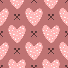 Repeated cute hearts and crossed arrows. Romantic seamless pattern. Drawn by hand. Endless nice print.