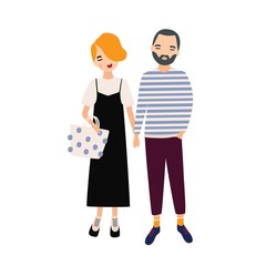 Young man and woman standing together and holding hands. Beautiful couple in love. Cute male and female cartoon characters dressed in trendy clothes. Colorful vector illustration in flat style.