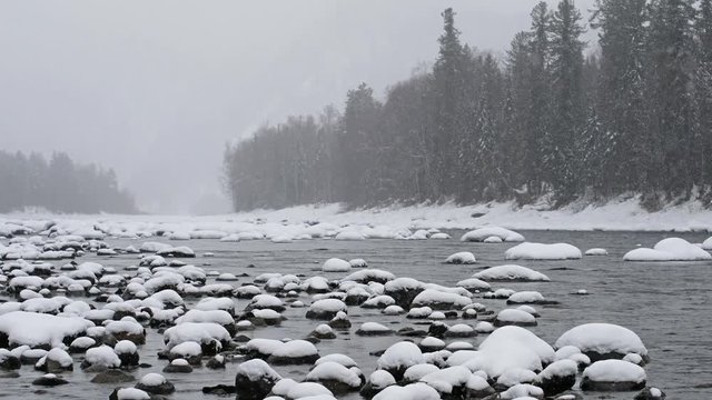 Stones with snow caps in the water of Altai Biya river under heavy snow in winter season