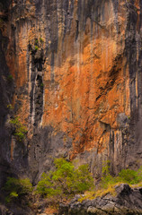 Monumentally rock reliefs thai stone texture with green plants, NATIONAL PARK, Phang Nga Bay, Thailand. Texture of big limestone cliffs.