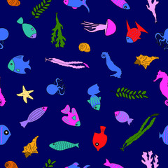 Hand drawn vector illustration seamless pattern sea animal
