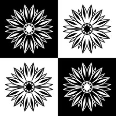 Decorative pattern with flowers on a contrast black and white colors