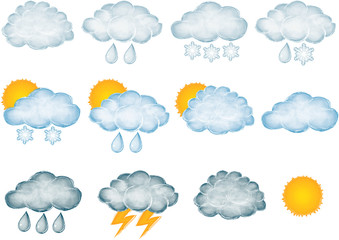 a set of weather icons, various clouds with rain, snow, lightning and sun. Drawing in a cartoon style