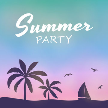 Summer calligraphy. Colourful poster with palm trees and text. Vector.