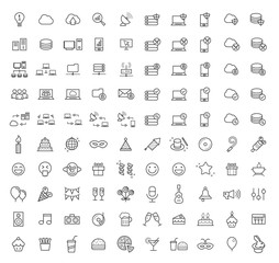Set of 100 High Quality Universal Standard Minimal Simple White Thin Line Network , Technology , Analytics and Party Black Icons on White Background 