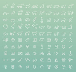 Set of 50 Minimal Animal and Games White Icons on Color Background . Isolated Vector Elements