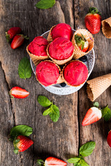 Ice cream, Strawberry scoop ice cream on wooden table