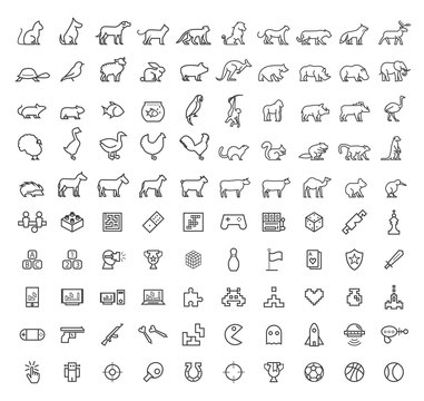 Set of 50 Minimal Animal and Games Black Icons on White Background . Isolated Vector Elements
