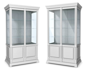 White cabinet showcase. Set of 3d illustrations isolated on white.