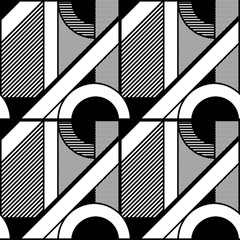 Black and white abstract seamless geometric pattern. Modular painting with four panels. Background in the abstractionism style. Vector illustration.