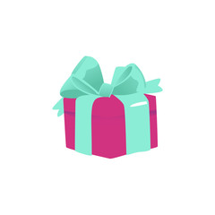 Present box wrapped with pink decorative paper and dark ribbon with bow isolated on white background. Cartoon rectangular gift box for congratulation card. Vector illustration.