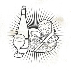 Cheese and wine. Hand-made drawing for menus, blackboards, posters and decoration of bars, clubs, pubs and restaurants.