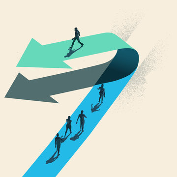 A Change of Direction. A businessman choosing to walk in the opposite direction to other people on top of a arrow. Business conceptual vector illustration.