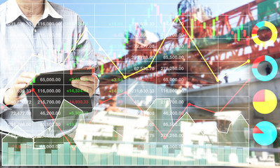 Business analysis presentation data of stock index market in industrial and construction sector shown graph and chart on construction background.