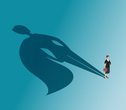 Executive woman with superhero shadow. Strong businesswoman and business victory vector concept