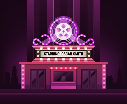 Cinema Theatre Building Exterior. Movie Entrance With Retro Light Marquee Banner Vector Illustration