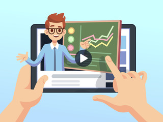 Students hands holding tablet with online finance seminar on screen. Distance business education and webinar vector concept