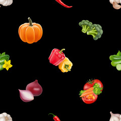 Seamless pattern with vegetables. Vegeterian food on black background. Tomato, pumpkin, cabbage, potatoes onion broccoli carrot pepper and garlic. 3d realism vector illustration.