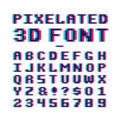 Video game pixelated 3d font. 8 bit pixel art old school latin alphabet with anaglyph distortion effect