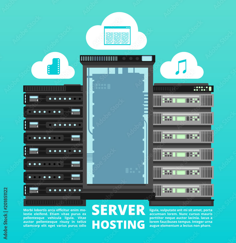 Poster website cloud hosting, digital data storage and computer server support vector concept