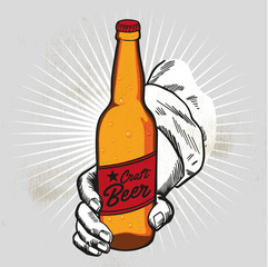 Craft beer. Bottle held by a hand. Hand-made drawing for menus, blackboards, posters and decoration of bars, clubs, pubs and restaurants.