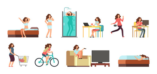 Smiling happy woman in everyday life. Active girl normal daily routine vector cartoon lifestyle characters set