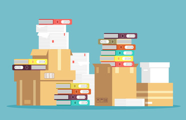 Pile of cardboard boxes, paper documents and office file folders isolated. Unorganized messy papers, paperwork vector concept