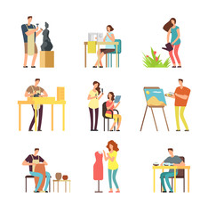 Man and woman artists in art design field. Sculptor, artist, florist. Vector cartoon people set isolated