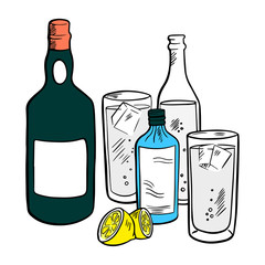 Hand drawing of alcoholic drinks. Line drawing in color.