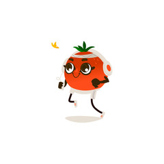 Cheerful orange character in headphones running, jogging working out. Cute healthy fruit, organic food full of vitamin. Cartoon smiling hand drawn plant with arms, legs. Vector illustration